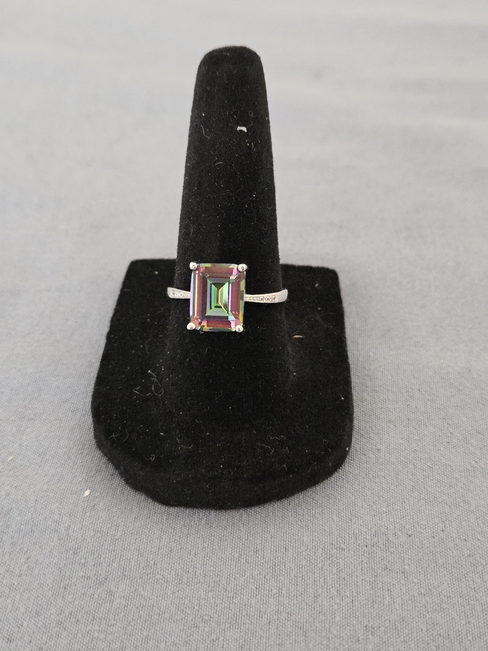 Moissanite Mystic Topaz Emerald-Cut Sterling Silver Ring-Pink/Green Size 7 (2ct)